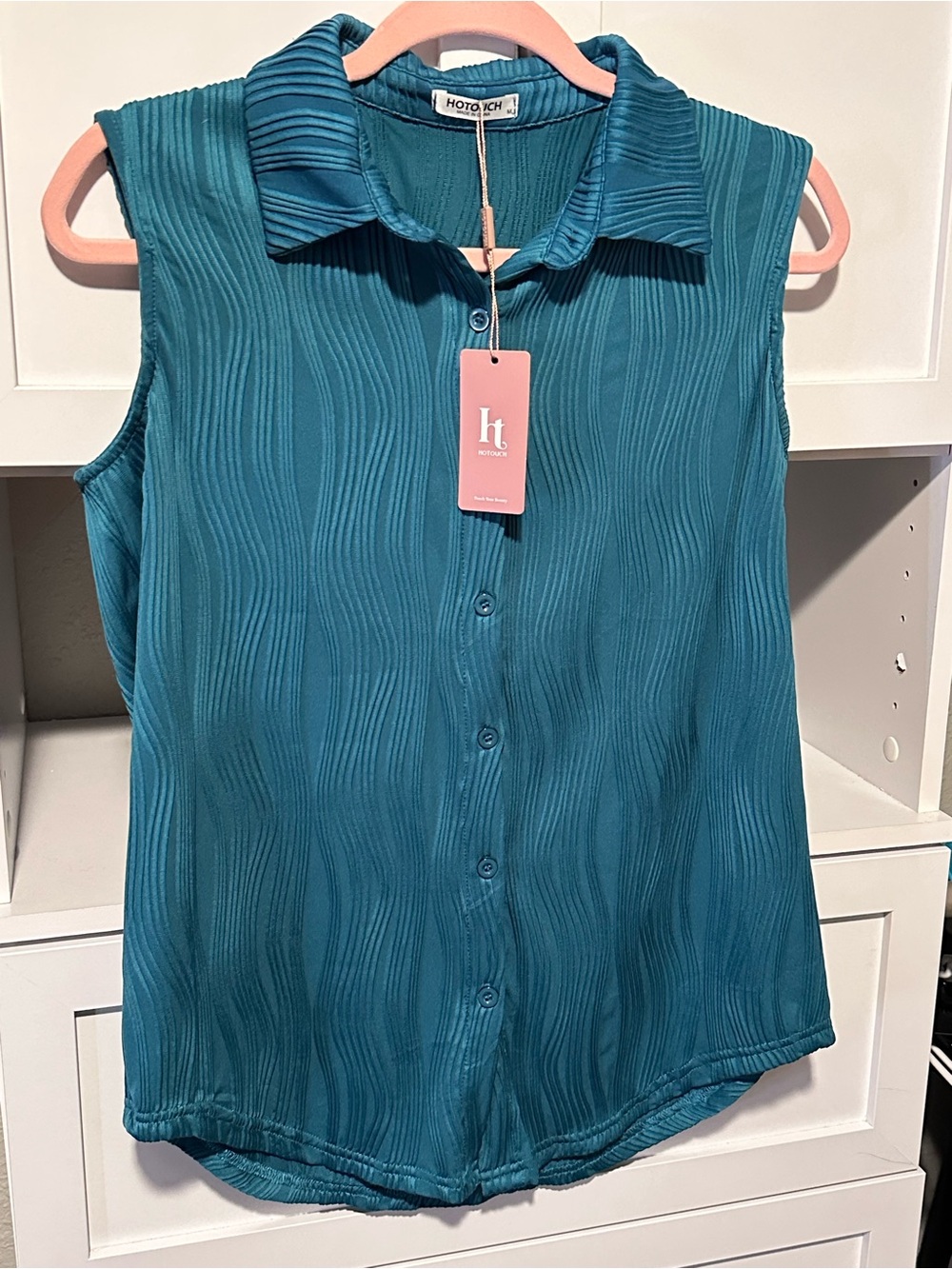 NWT HOTOUCH Teal Pleated Sleeveless Button Front Blouse Size M